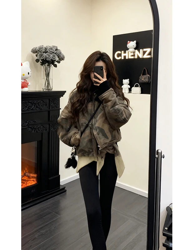 Retro Korean Style Camouflage Parka Coat Women's Short Cotton Jacket Winter New Fashion Loose Fit Versatile Female Outerwear