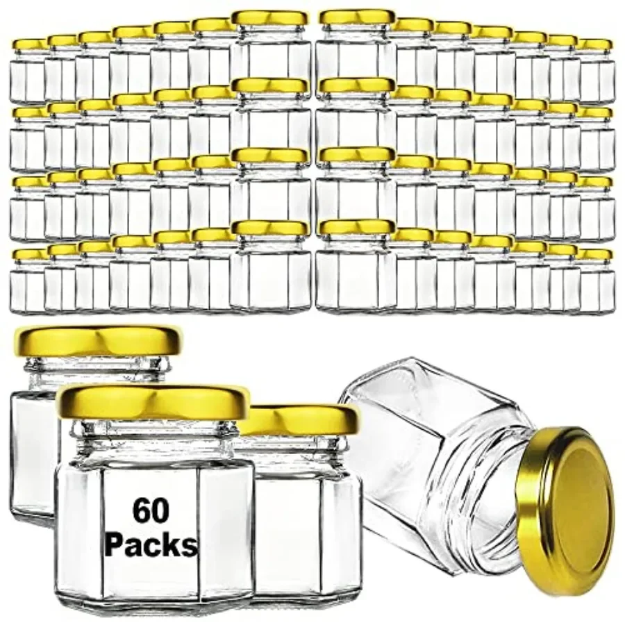 

60 Pcs Small Glass Containers with Airtight Lids 1.5 oz Mini Honey Jars for Wedding Favor Baby Shower Small Hexagon Candle Jars