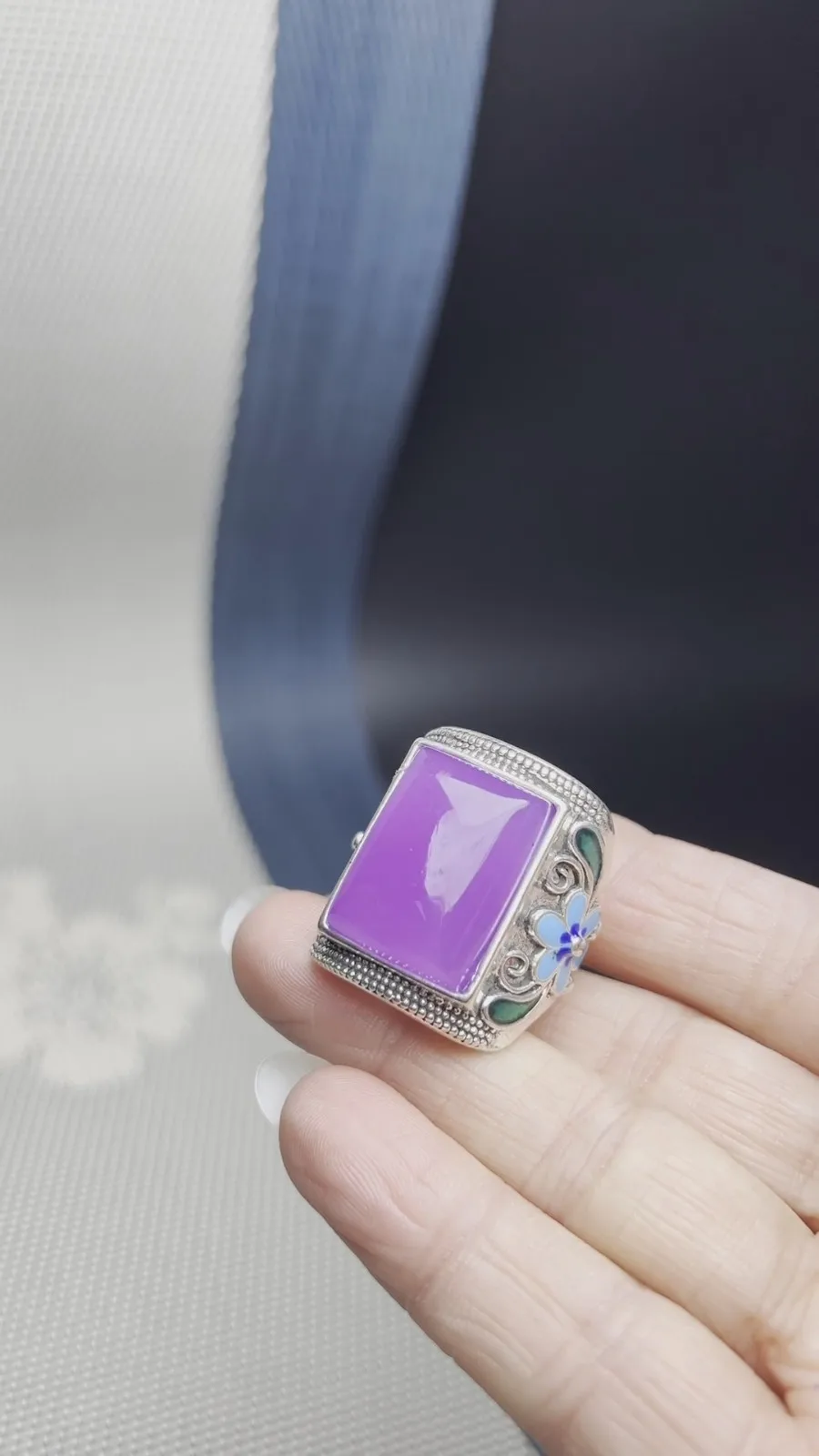 Real Natural Inlay high Ice Purple Burmese Jade Jadeite Rings