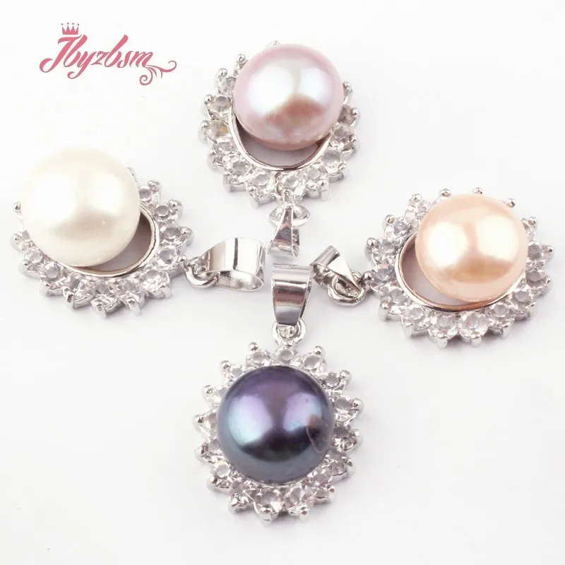 10mm Natural Round Freshwater Pearl CZ Crystal Beads Tibetan Silver Fashion Pendant 1 Pc 15x18mm For Party Gift Free shipping