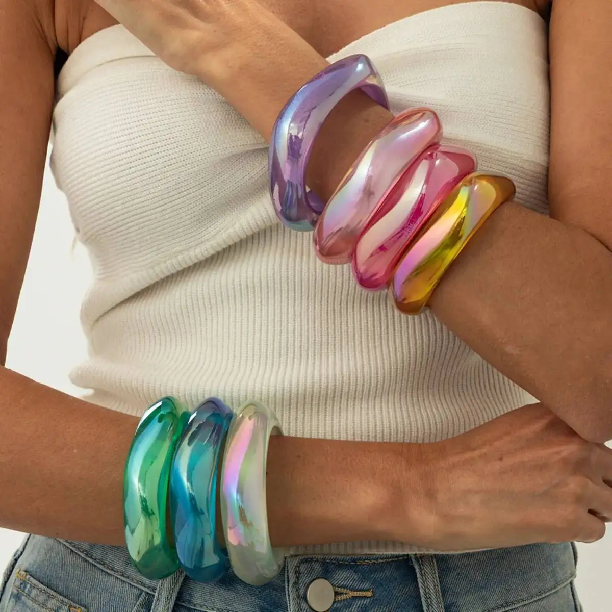 

SHIXIN Luxury Colourful Chunky Acrylic Wide Bracelets for Women Creative Geometric Irregular Stackable Cuff Bangle Y2K Accessory