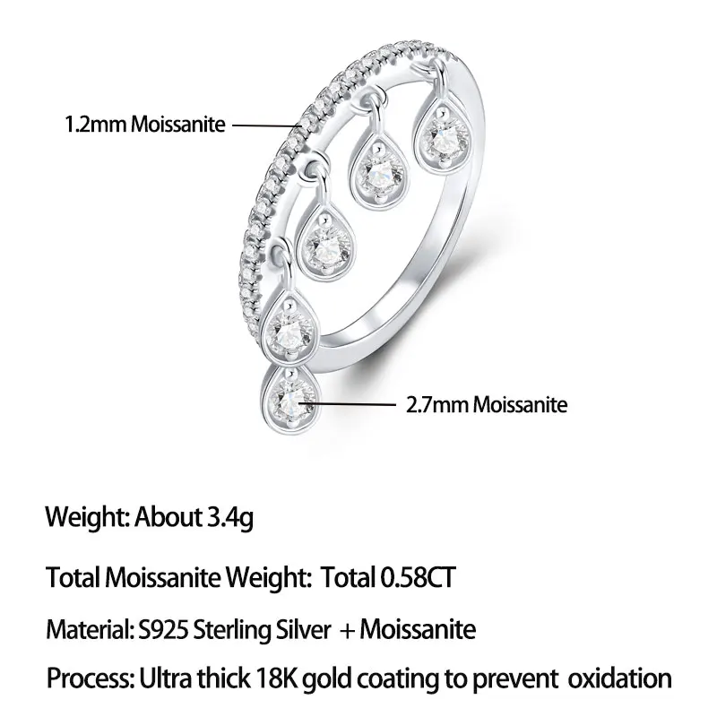 Pretty Beauty S925 Sterling Silver Moissanite Wedding Band for Women Pear Cut Dangle Statement Ring Elegant Dainty Jewelry Gift