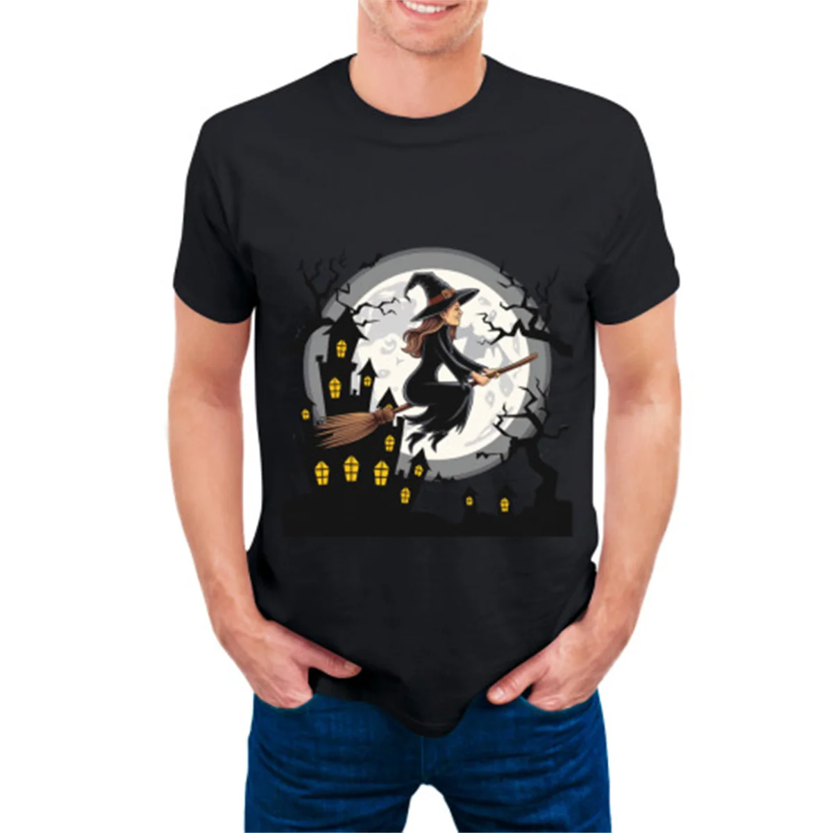 

Halloween men's T-shirt Castle in front of a witch flying broomstick print street oversized T-shirt soft and lightweigh unisex