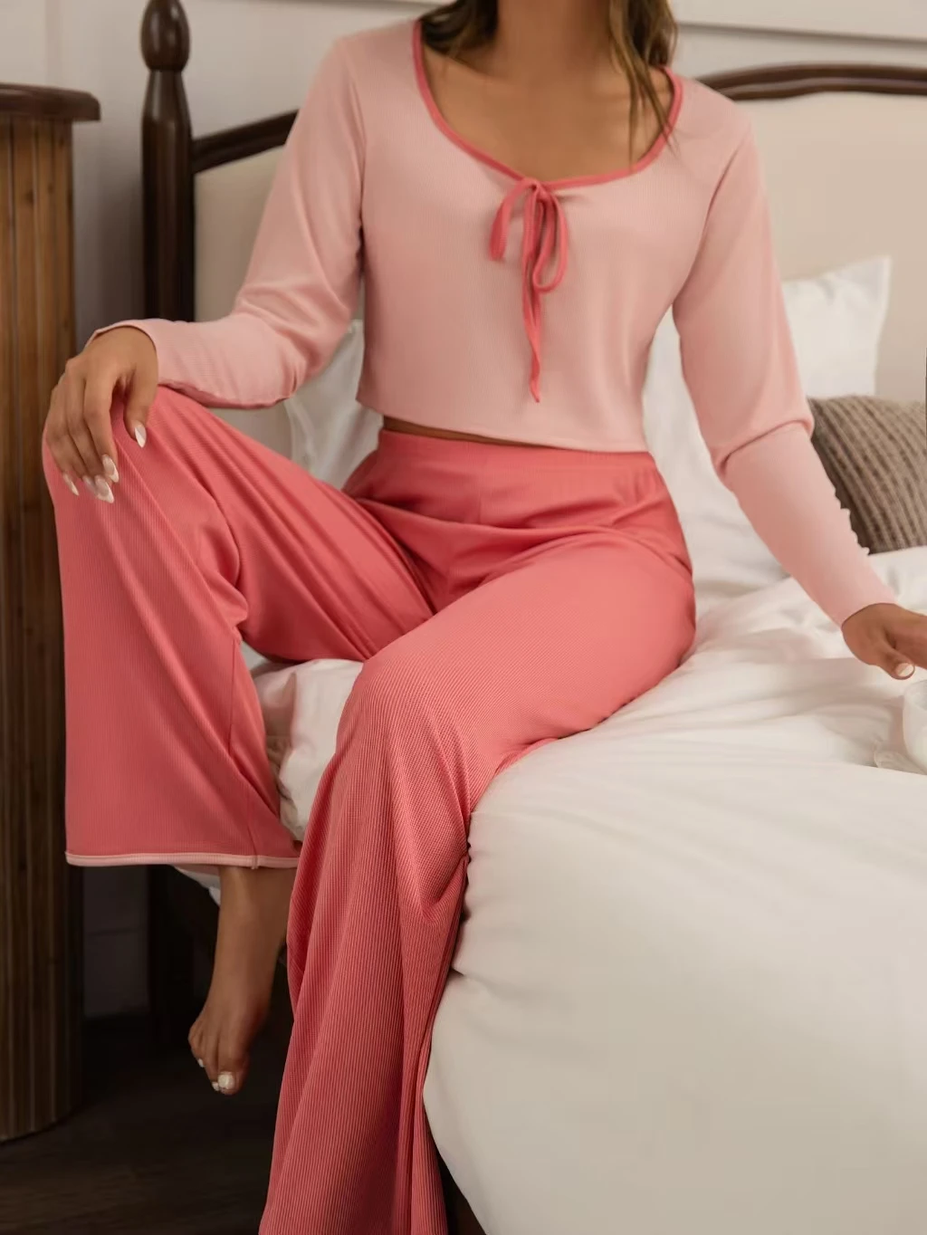 

Comfortable Casual Color Blo Long Sve Top And Pants Set Home Clothes Youth Straight Leg Pants Elastic Waisand