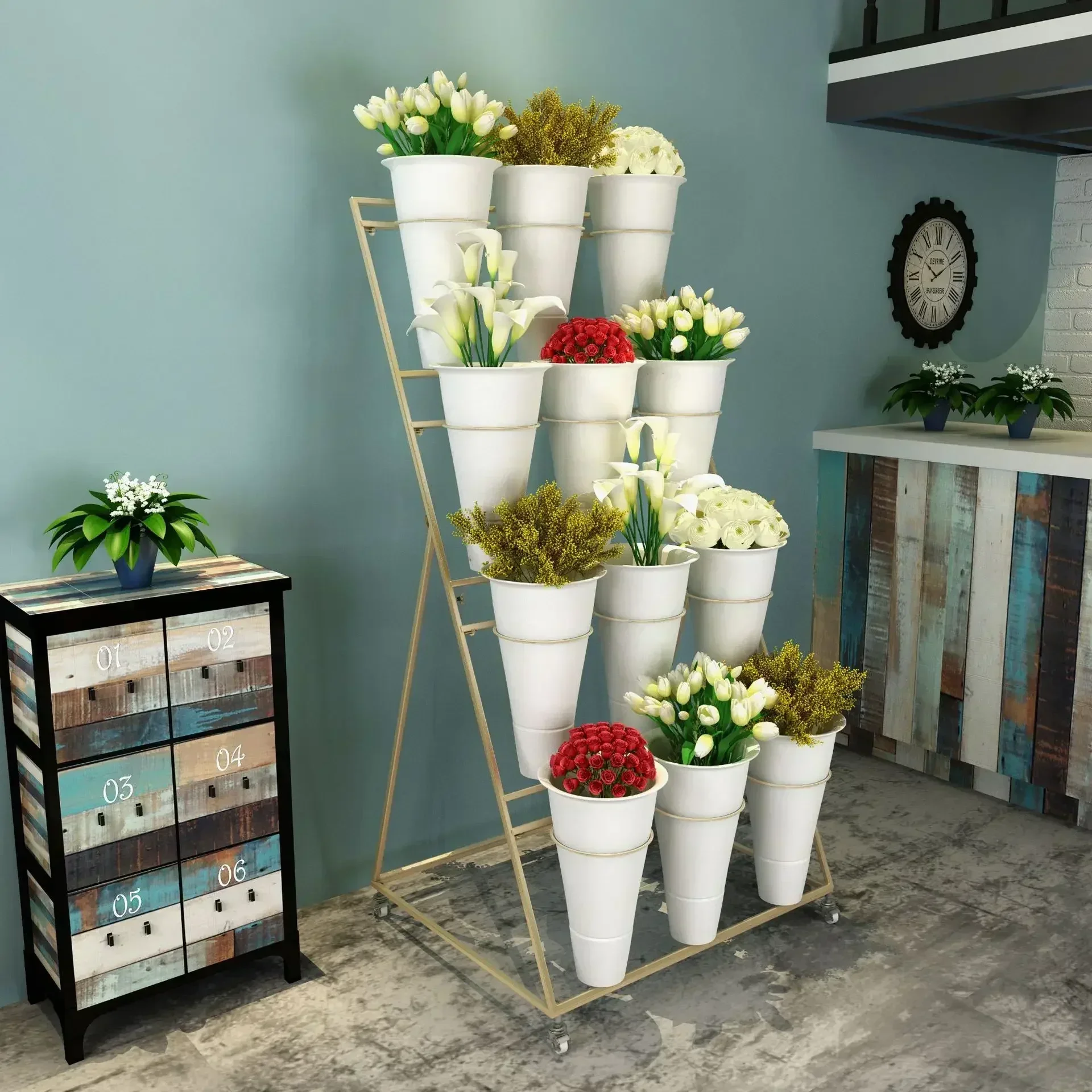 Multi-tier Flower Display Rack,Large Removable Display Stand with Plastic Bucket, Black Gold Flower Shop Iron Wedding Visualizer