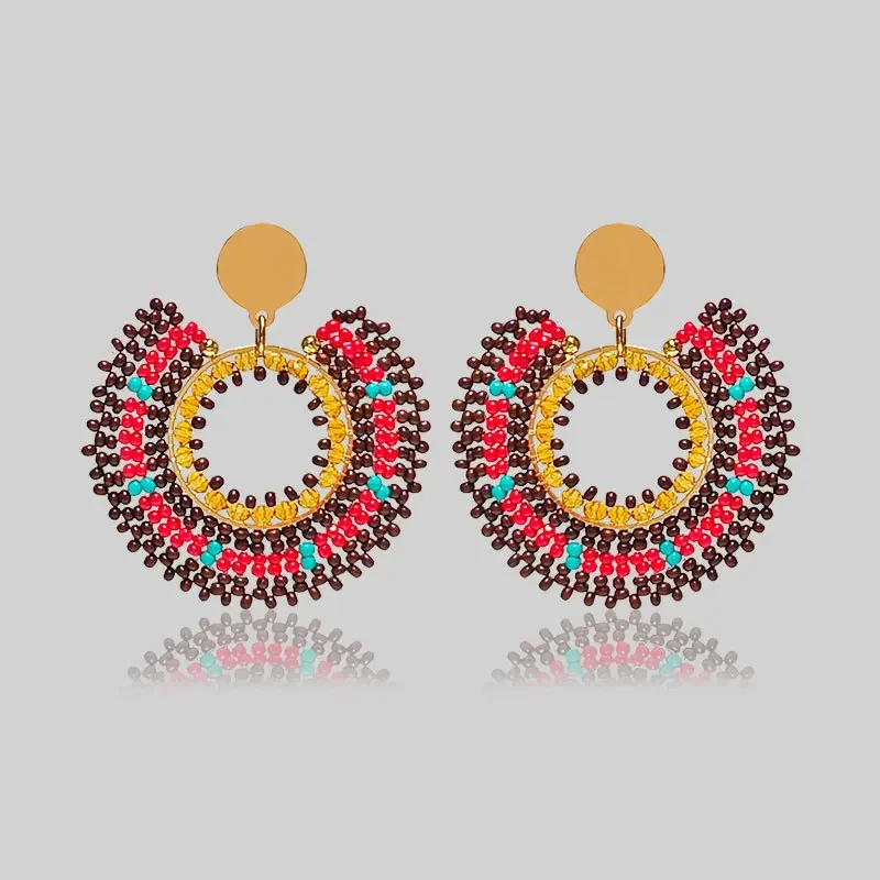 Beaded earrings Crystal Hollow out  Intersperse Roundness Hand knitting Bohemia Alloy Tide Female Rice bead earrings Versatile