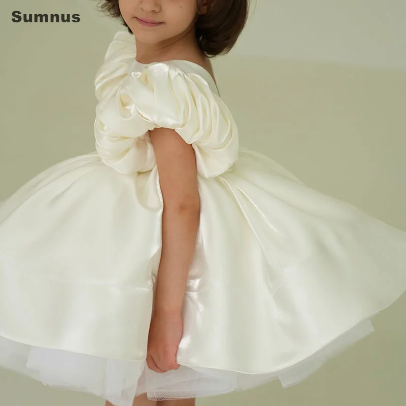 Sumnus Ivory Satin Flower Girl Dresses Puff Short Sleeve O-Neck Girls Wedding Birthday Party Dress Princess Dress Customized