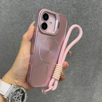 Luxury Glitter With Lens Bracket Phone Case With Lanyard For iPhone 16 15 14 13 12 11 Pro Max Magnetic Wireless Charge Cover