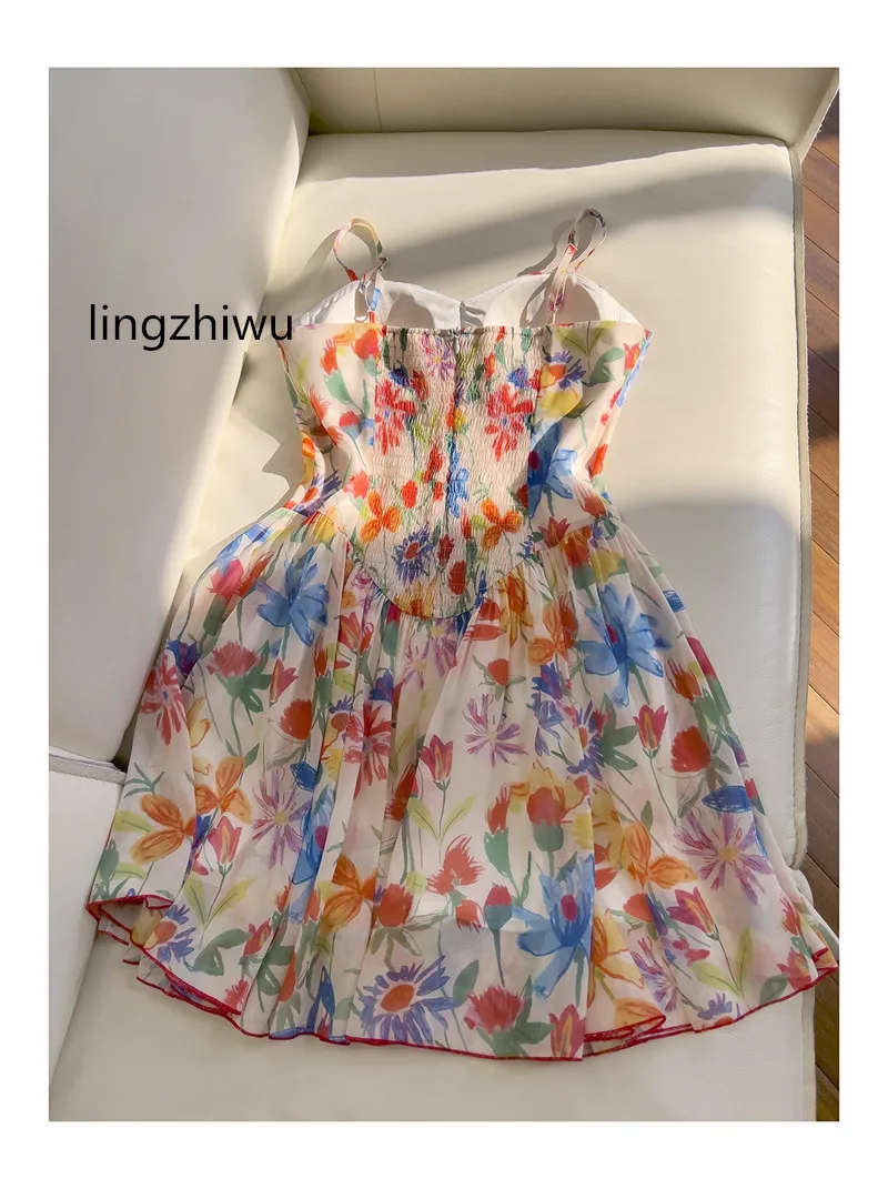 Lingzhiwu-holiday dress with spaghetti strap, French style, fresh flower, for vacation, new arrival