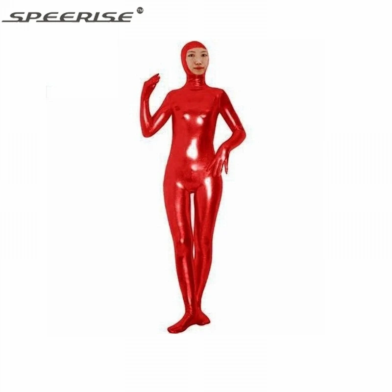 Erwachsener Spandex, glänzendes metallisches Gesicht, offener Zentai-Anzug, zweiter enger Ganzkörper-Catsuit, Herren-Zentai-Ganzanzug, Halloween-Kostüm