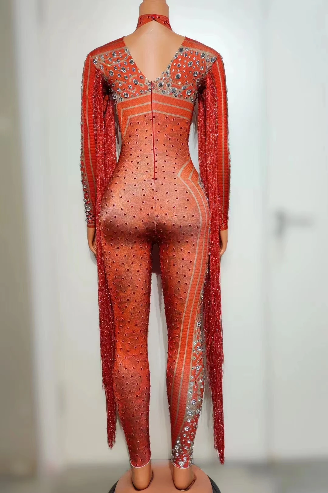 레드 TasselPrinted Rhinestones Jumpsuit생일 댄스 파티 축하 프린지 바디 슈트 DJ여성 가수 댄서 무대 착용 A530