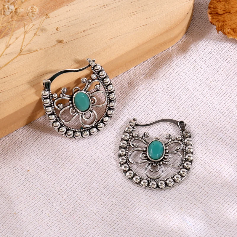 Vintage Leverback Earrings Hollow Butterfly Shape Inlaid Oval Cut Synthetic Gems Boho Style Hook Drop Earrings