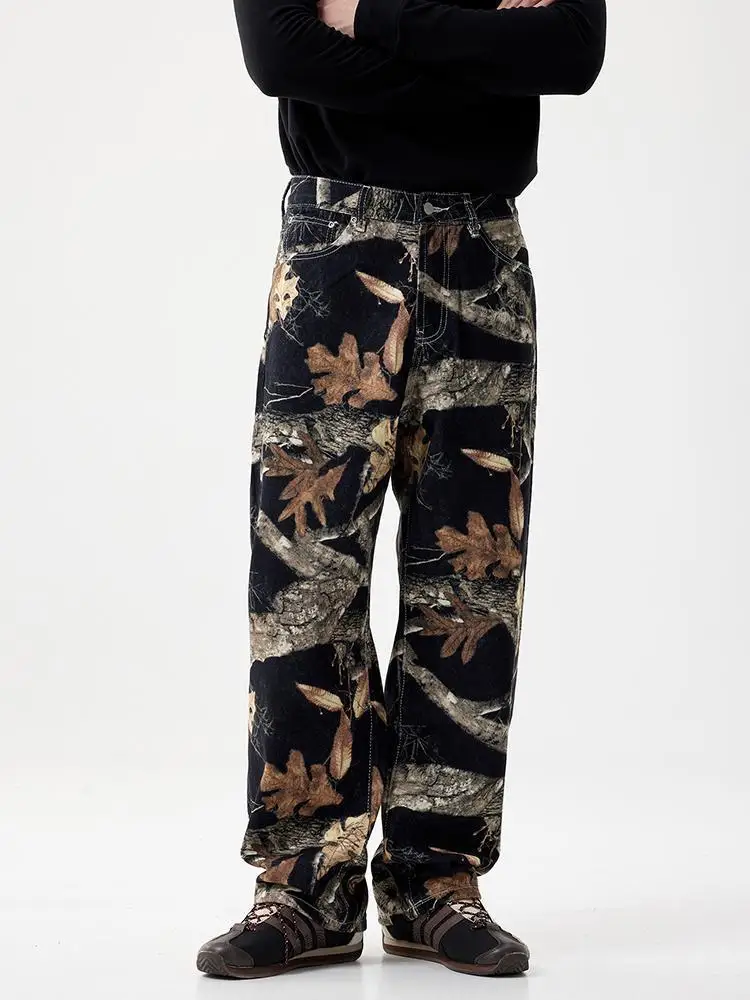 جينز رجالي مطبوع عليه جرافيتي أمريكي بأقليات واسعة الساق جينز فضفاض مستقيم متدلي عصري من القطن للربيع والصيف