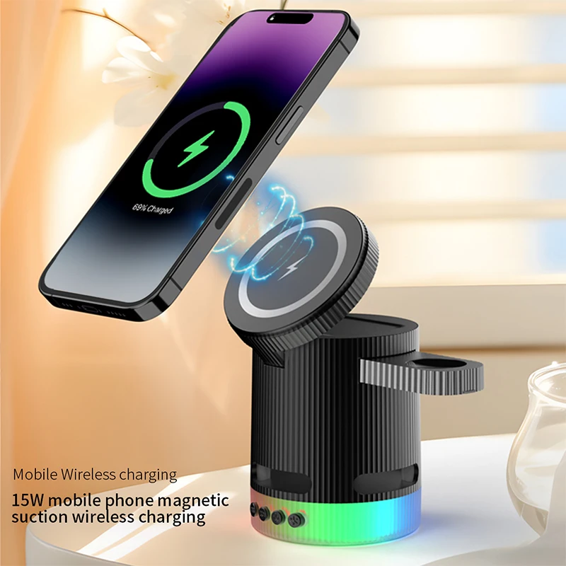 LED Light 4 in 1 Magnetic Wireless Charger Stand for AirPods Pro iWatch 9 15W Wireless Charging for iPhone 16 15 14 13 12 ProMax