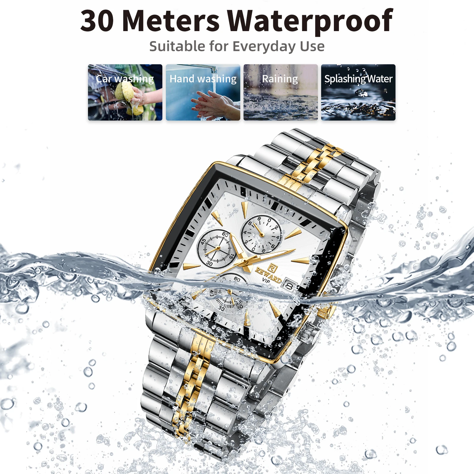 REWARD VIP Mens Watches Waterproof Luminous Sport Watches for Man Stainless Steel Wristwatch Chronograph Date Stopwatch