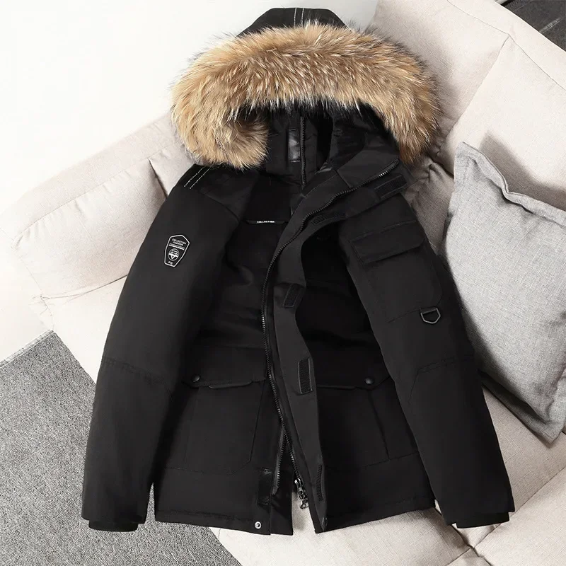 

Male South Korea Running Fur Collar Hooded Winter Down Jacket Men's Cold-proof Tooling Parka Luxury White Duck Down Warm Coat