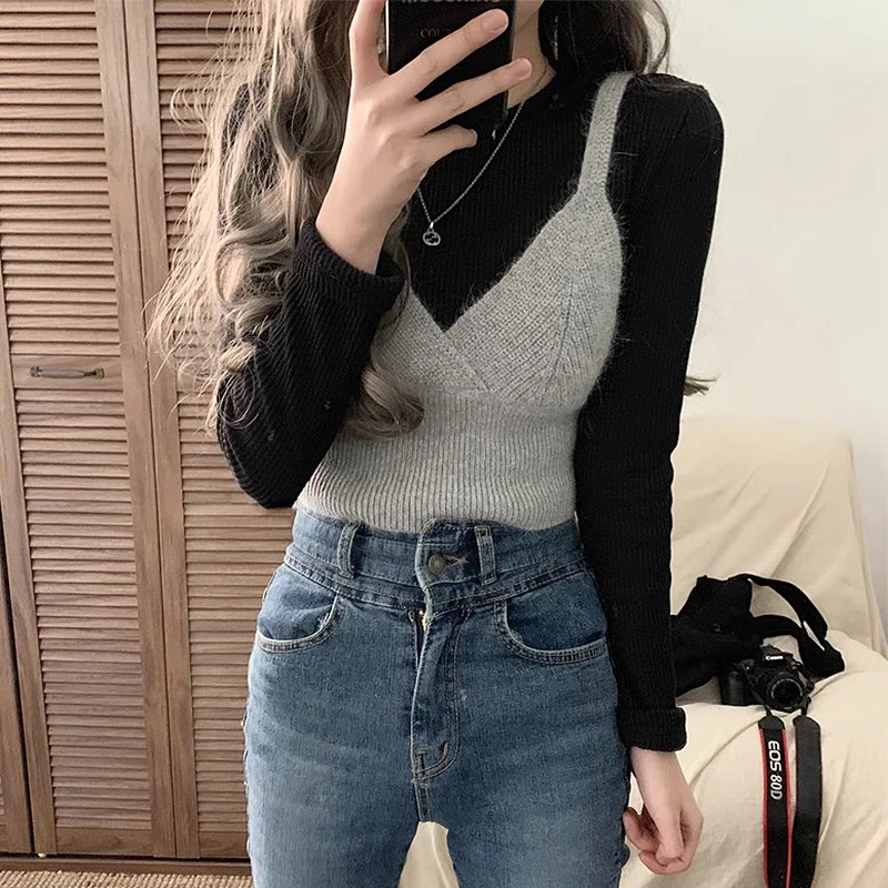

Faionable Belted Strap Vest High Collar Long Sve Knitted Set for Women Ele Autumn Collection Student Work orm