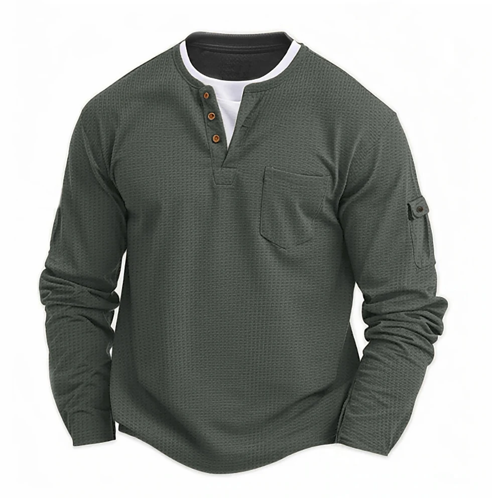 Men's Long Sleeve Button Henley Neck T-Shirt Casual Solid Color Waffle Fashion Fake Two-Piece Comfortable Fit Shirt image 3