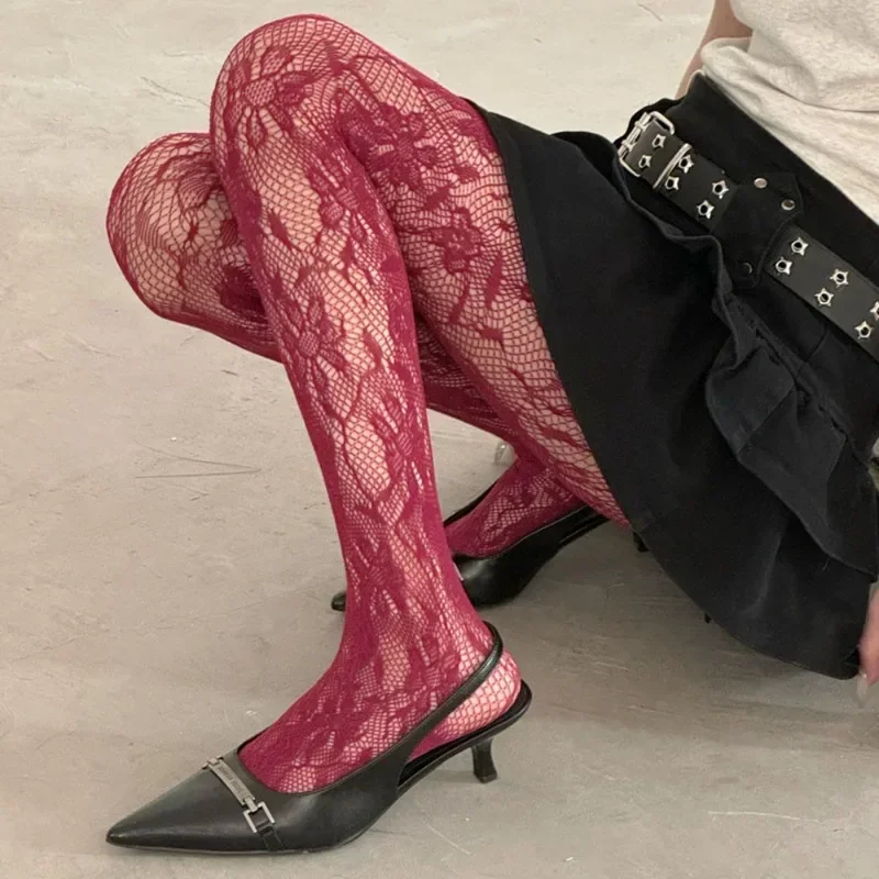 أحمر مثير Y2k جوارب طويلة زهرة صافي جوارب طماق الملونة الجوف جوارب طويلة نسائية جوارب الرجعية جوارب الدانتيل الجوارب