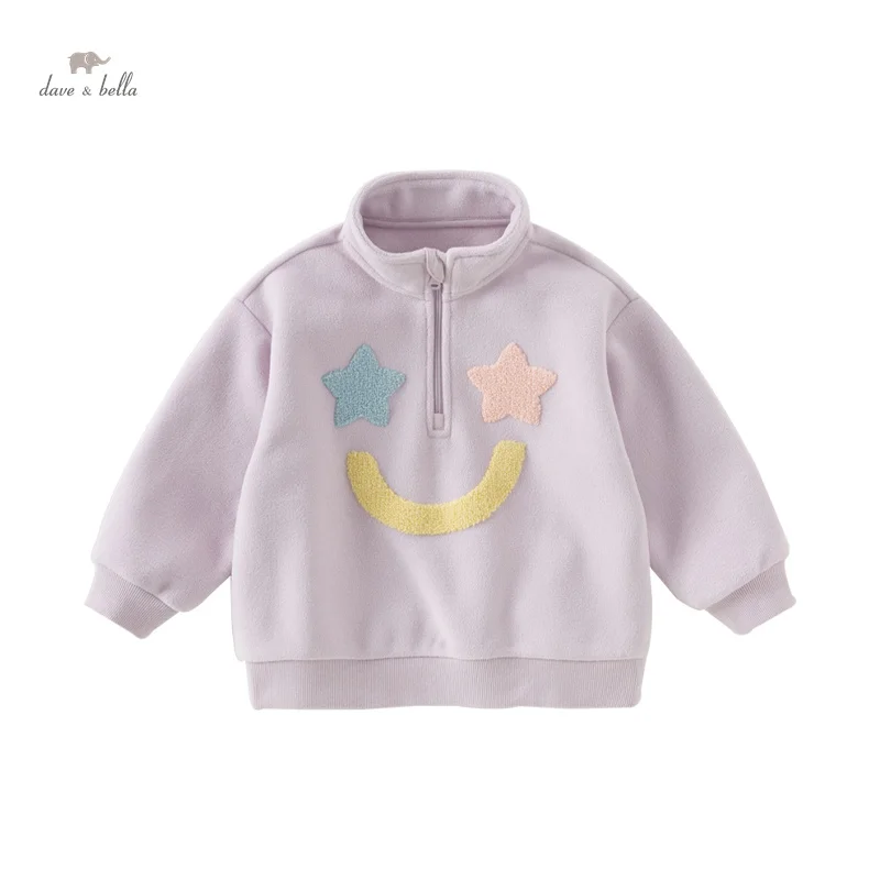 Dave Bella 2024 Winter Girls Baby Cute Pullover Outwear Full Sleeve Casual Half High Collar Top For Kids Hoodies Warm DB4243069