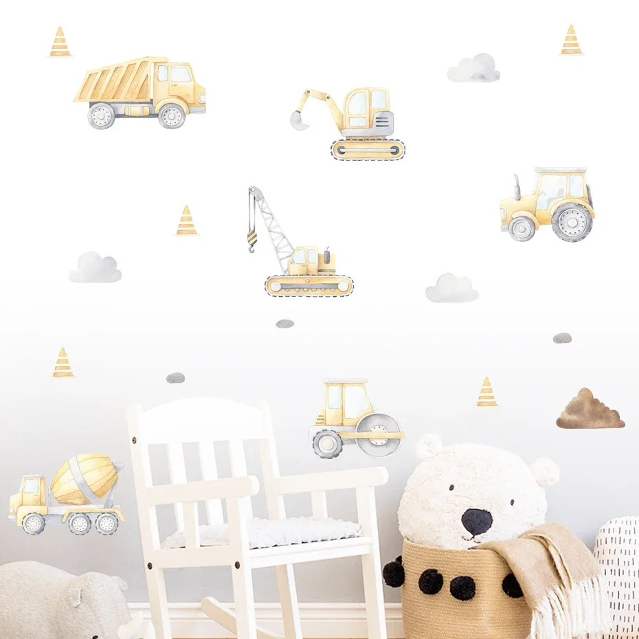 Cartoon Engineering Vehicle Yellow Blue Watercolor Nursery Wall Decals Removable DIY Wall Stickers Boys Room Interior Home Decor