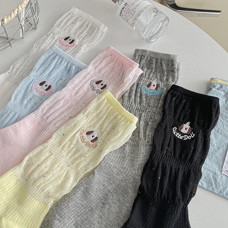 

Women Socks Cartoon Dog Embroidery Japanese Kawaii Cute Socks Women Hollow Out Mesh Thin Breathable Summer Loose Long Socks Sox