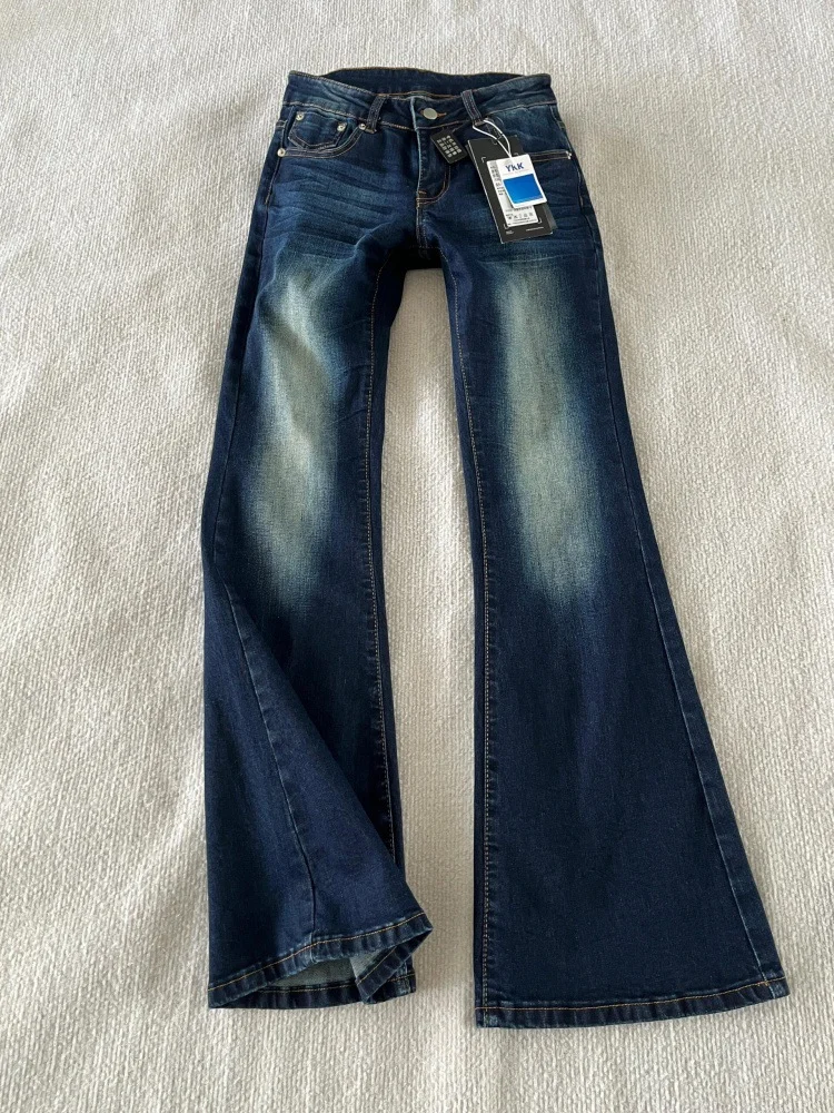 النمط الأمريكي الرجعية غسلها الدينيم الجينز تنوعا منخفضة الخصر متوهج قليلا السراويل النساء الخريف جديد مطاطا حار الفتيات السراويل