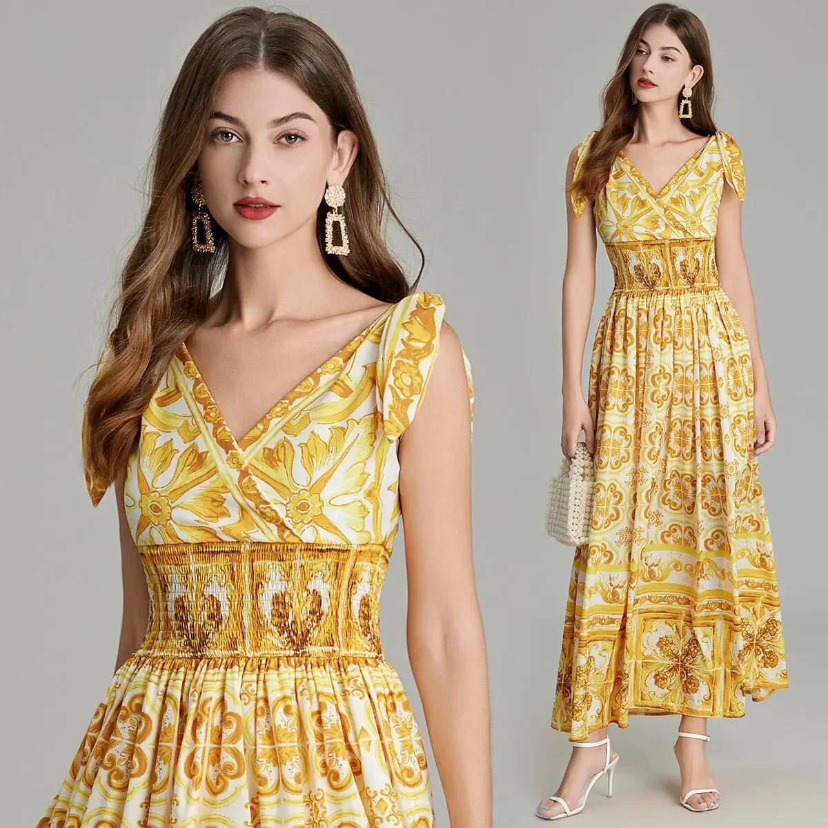 TRAF Summer Holiday Maxi Dress Women\'s Sexy Spaghetti Strap V-Neck Elastic Waist Yellow And Porcelain Print Party Long Vestido