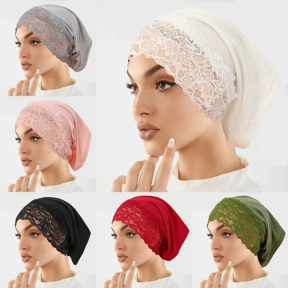 Comfortabele pasvorm Elegante hijab-pet Effen kleur Kanten rand Pulloverhoed Elastische zachte hoofddoekhoed Dameshoofddeksels