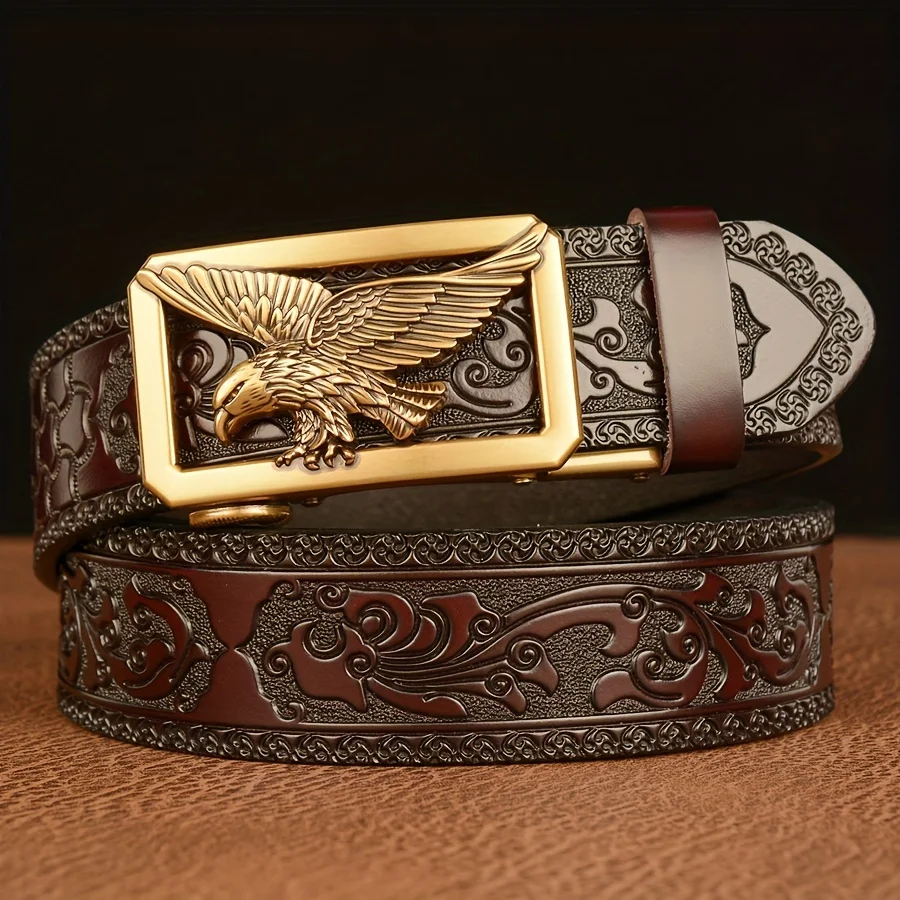Men's Business Vintage Automatic Buckle Belt - Genuine Leather with Eagle & Floral Carvings, Perfect Gift for Husband or Father