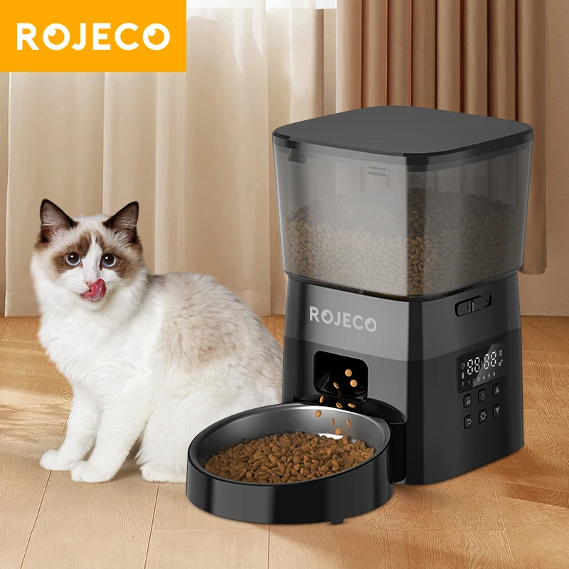 ROJECO Automatic Dog Feeder Smart Food Kibble Dispenser for Pet Cats Auto Food Storage Container Button Version Dog Feeding Bowl