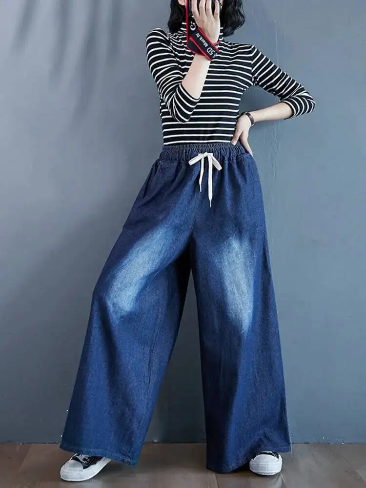 Artistic Retro Loose High Waist Wide Leg Printed Denim Pants For Women 2026 New SpAGEH