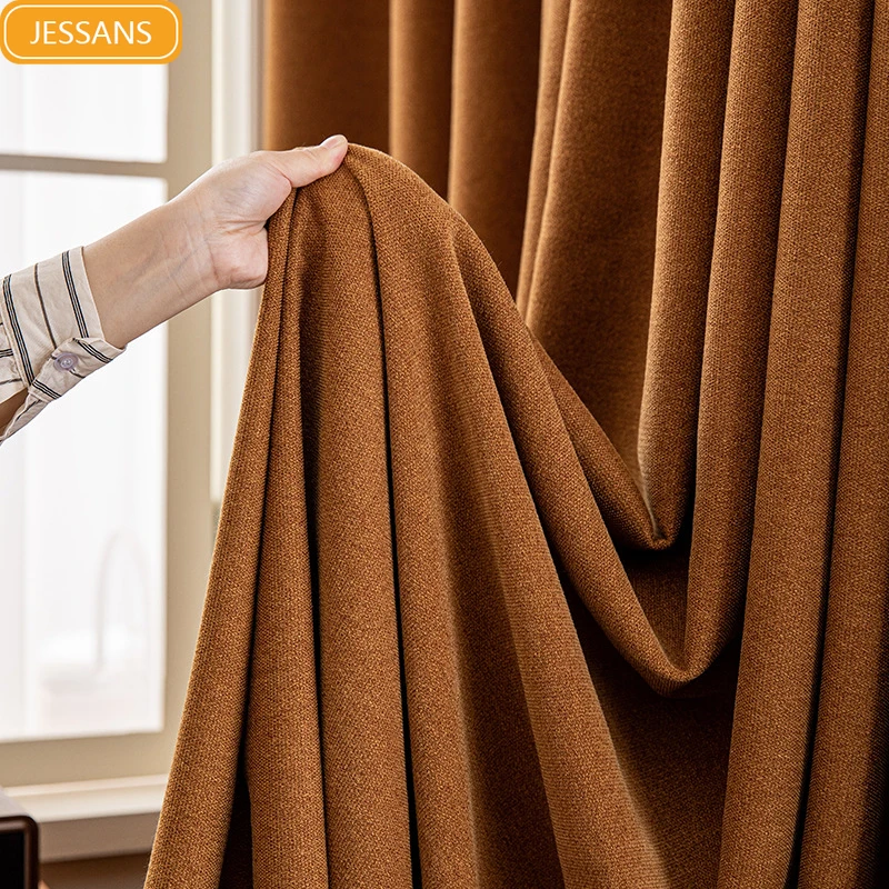 

New Style Fancy Color Jacquard Thickened Orange Brown Heat Insulation Blackout Curtains for Living Room Bedroom French Window