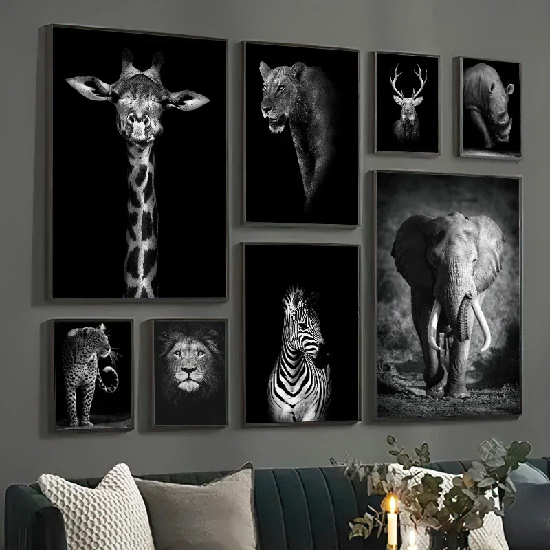1pc Unframed Wall Art Home Decoration Black And White Animal Poster Home Decoration Lion Elephant Canvas Painting Realism Pictur