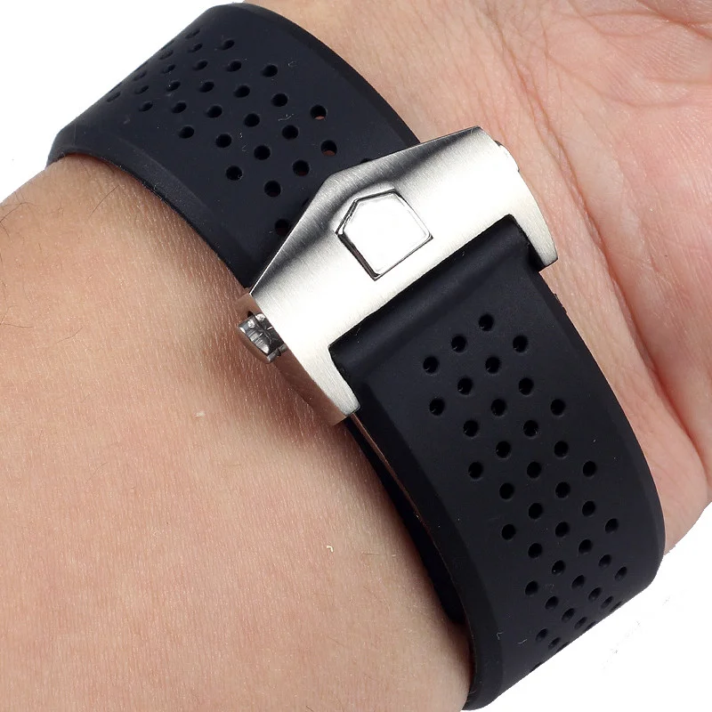 For TAG HEUER GRAND CARRERA Watchband wristband Waterproof Sport Strap Soft Silicone breathable Men  Black Rubber Watch Bracelet