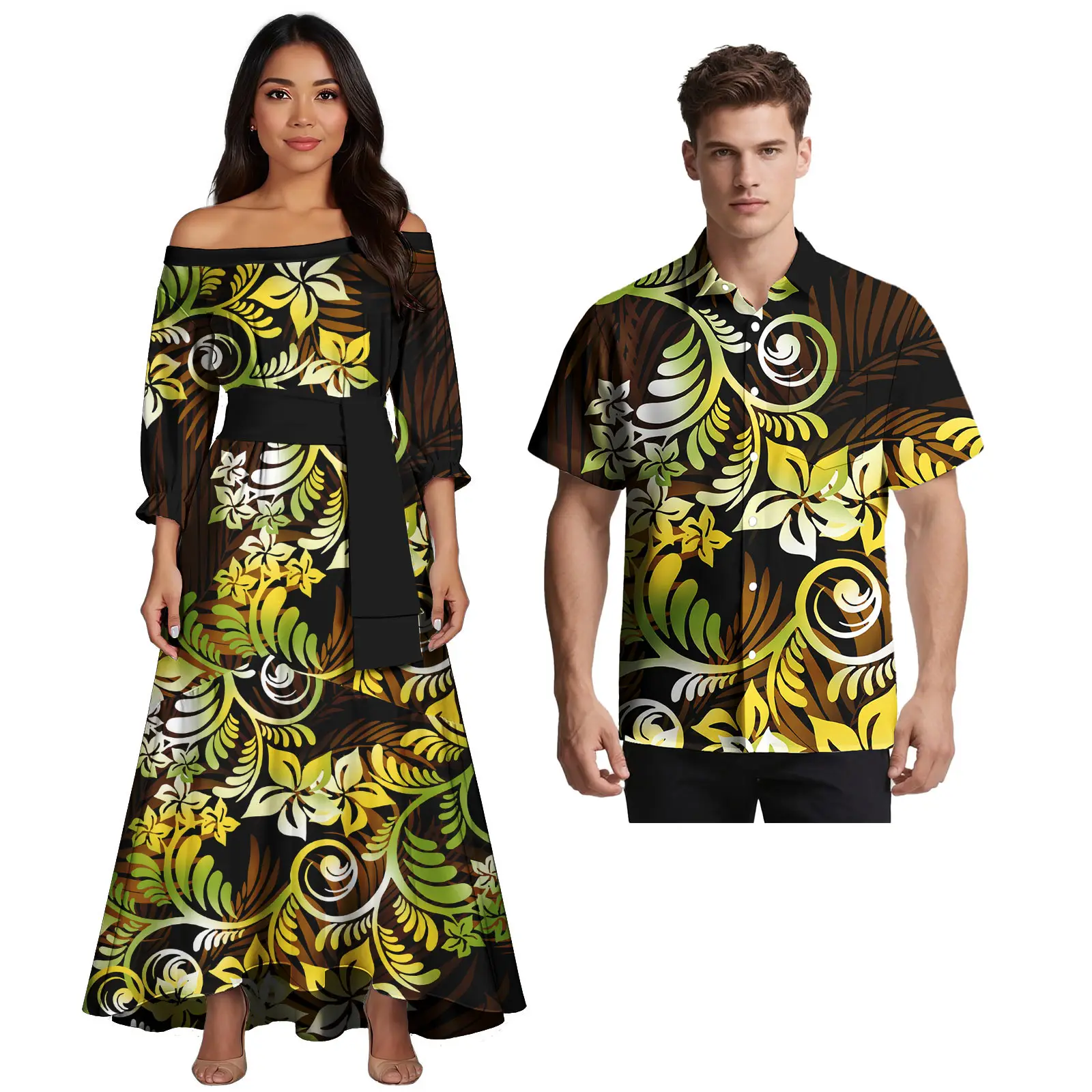 Abbigliamento per coppie Set da due pezzi Abbigliamento tribale polinesiano Samoano Tapa Stampa floreale Abiti coordinati per coppia