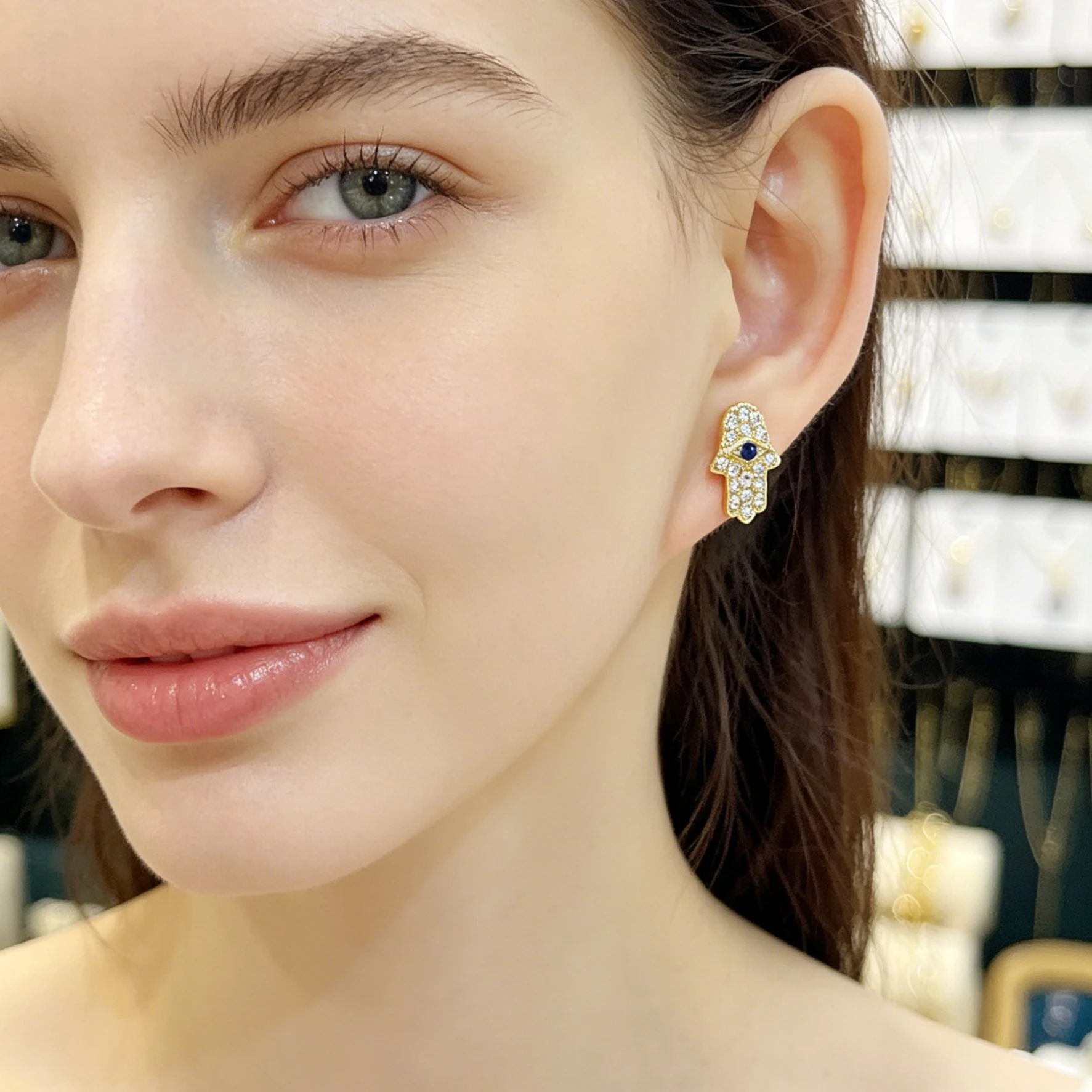 SUNSLL Simplicity Gold Color Fatima Hand Stud Earrings For Women Girls Fashion Cubic Zircon Devil Eye Palm Ear Jewelry 3 Size