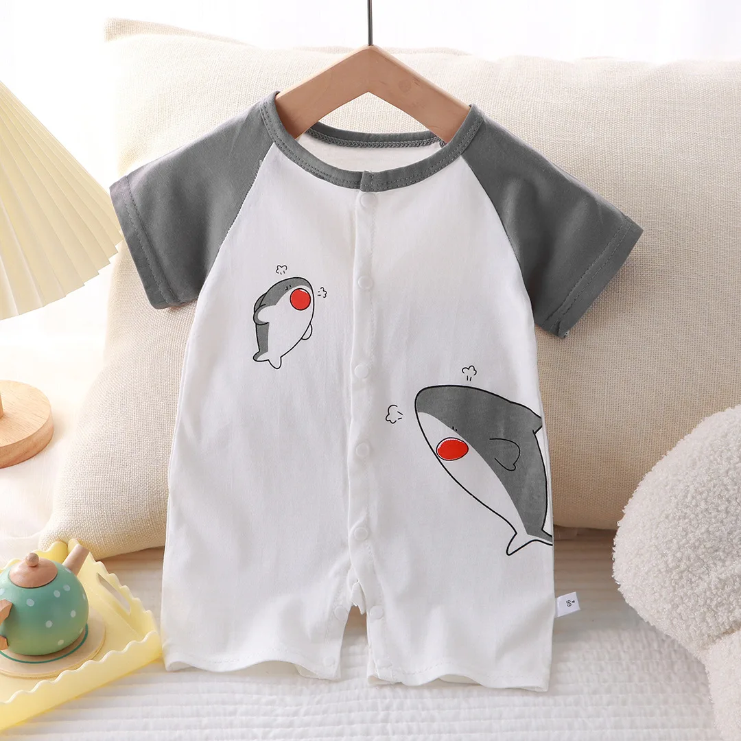 Newborn Clothes Cute Cartoon Dinosaur Tiger Shark Lion Print Strap Comfortable Summer Boys Girl 0-18 Short Sleeved Baby Jumpsuit