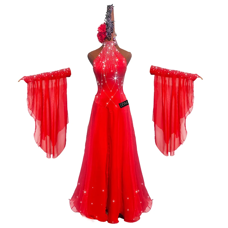 New Modern Dance Skirt Competition Performance Adult Female Red Sleeveless Large Swing Long Backless Diamond Dance Skirt