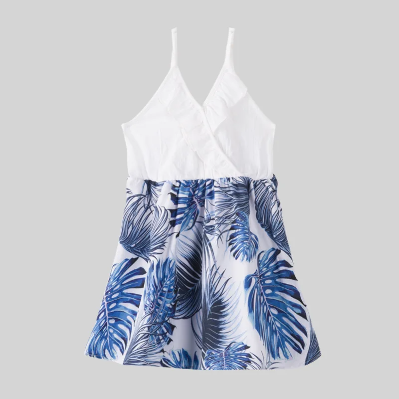 Fashion Parent-child Outfit Family Outfit A Family of Four Holiday Style White Strap Blue Leaf Family Dress Shirt Baby Romper