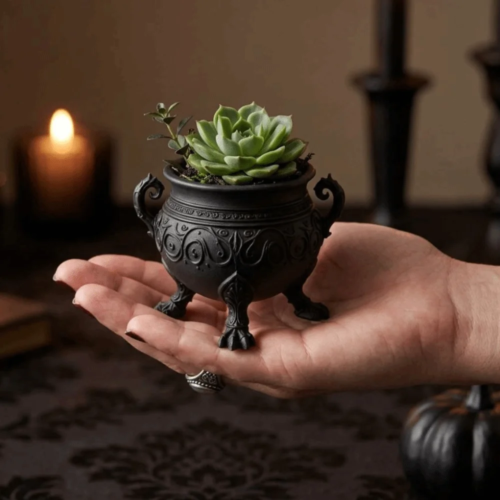 3D Printed Gothic Cauldron Planter Pot with Three Legged Dark Aesthetic Halloween Witch Cauldron Pot Dual Curved Handles Plastic