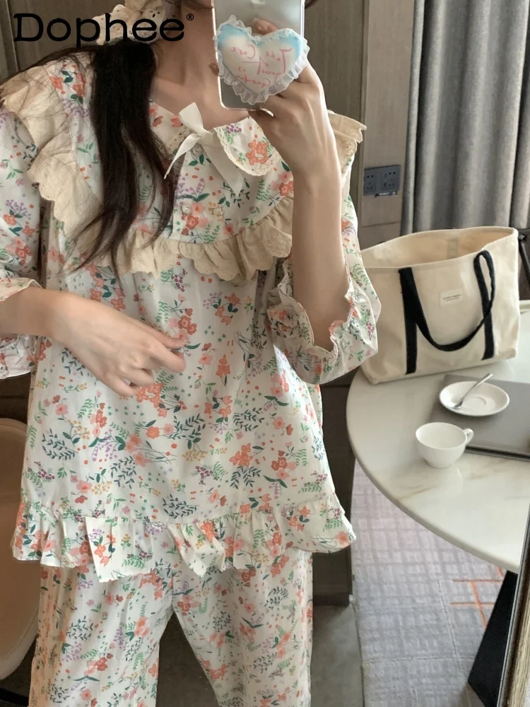 

Женская пижама с длинными рукавами в японском стиле из чистого хлопка, милый комплект принцессы в стиле принцессы с кружевом и цветочным принтом, свободный повседневный комплект домашней одежды