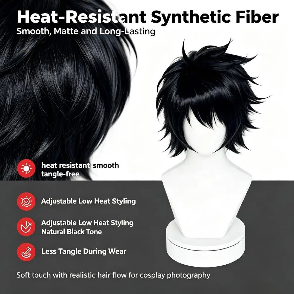 2026 Black Short Spiky Layered Wig Synthetic Hair Messy Bangs Anime Character Cosplay Halloween Costume Party Full Wigs Men Teen