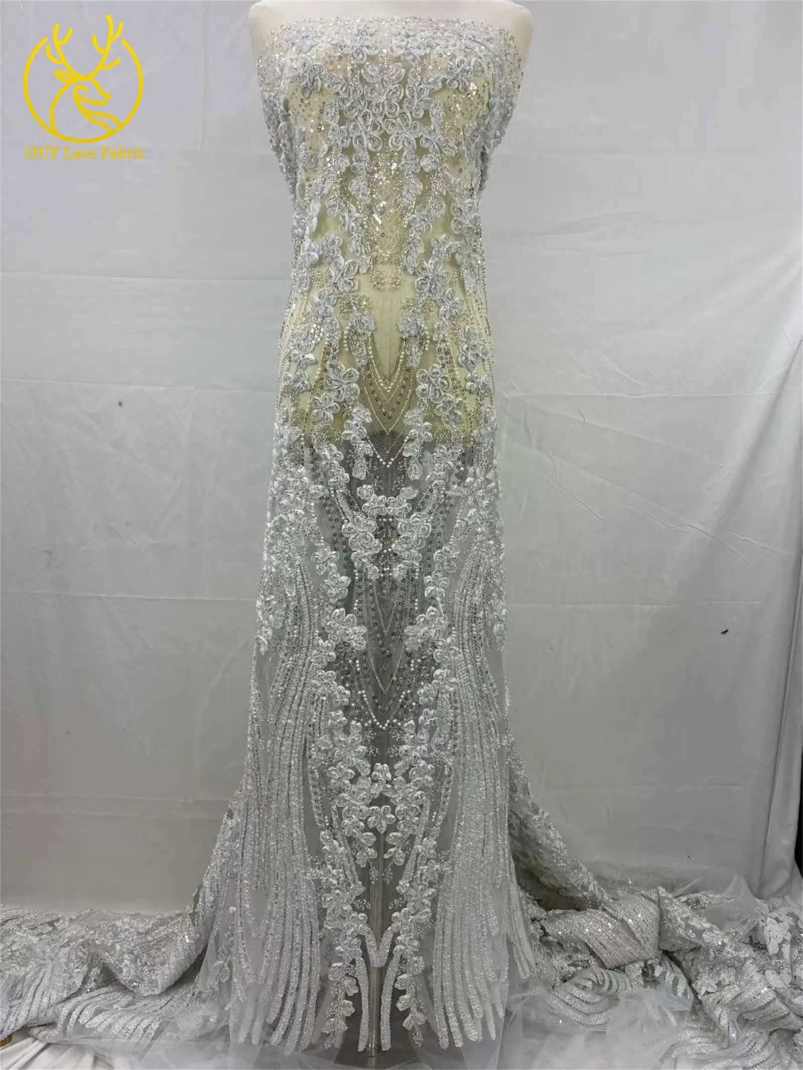 Hochwertiger afrikanischer Perlen-Spitzenstoff, 3D-eleganter französischer nigerianischer Pailletten-Tüll-Spitzenstoff für Damen, Party, Hochzeitskleid, Nähen, 5Y – Detail 7
