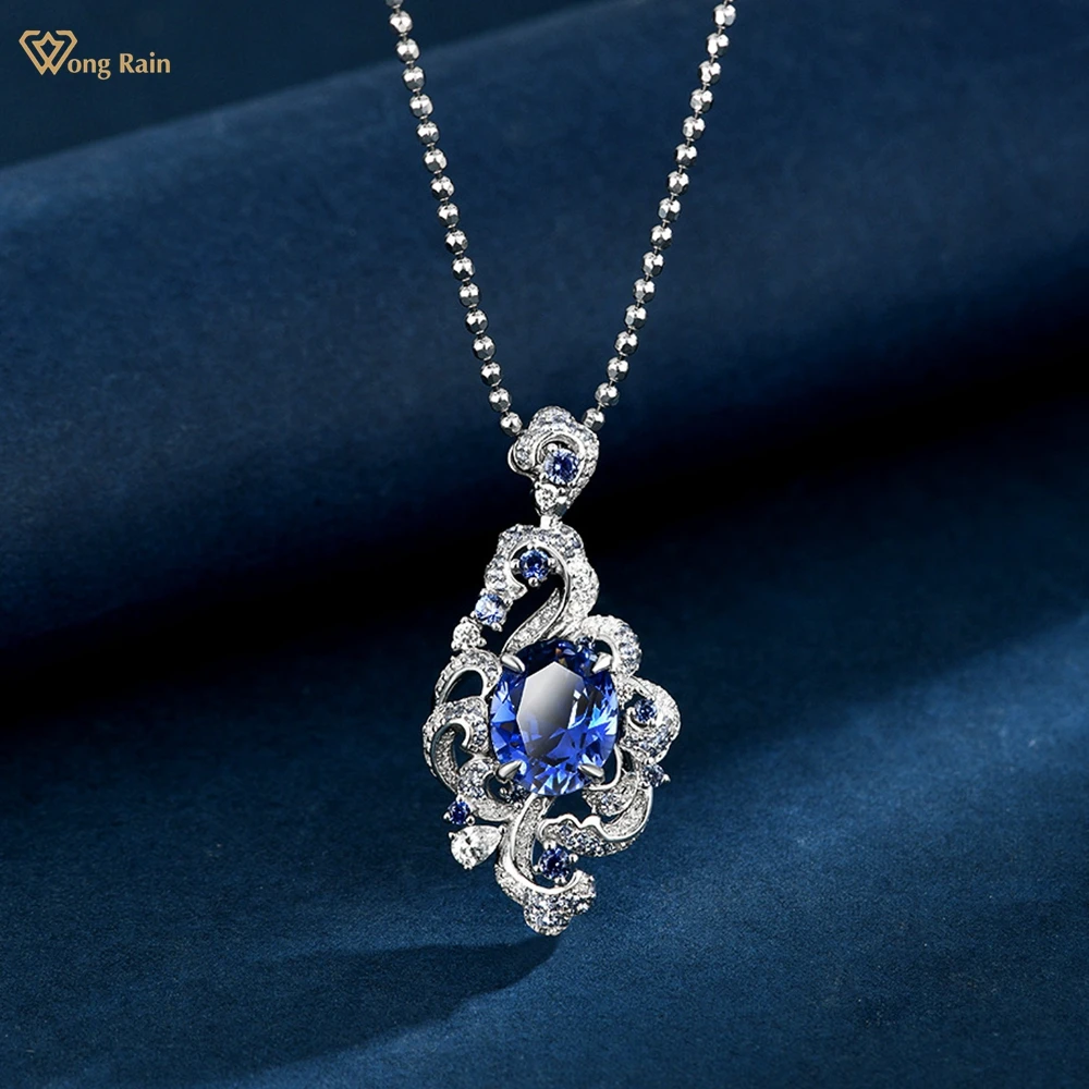 

Wong Rain Sparkling 925 Sterling Silver Oval Cut 8*10 MM 4CT Sapphire High Carbon Diamond Gemstone Pendant Necklace Fine Jewelry