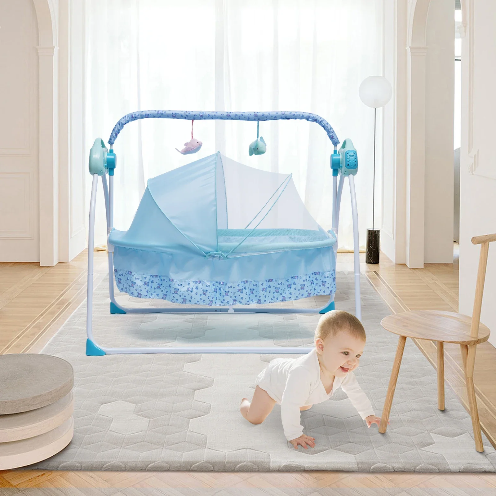 Elektrisches Babybett, Wiege, automatisches Schwingen, Schlafbett für Neugeborene, Kleinkinder mit Bluetooth, blau, mit Stuhl + Musik + Matte + Netz