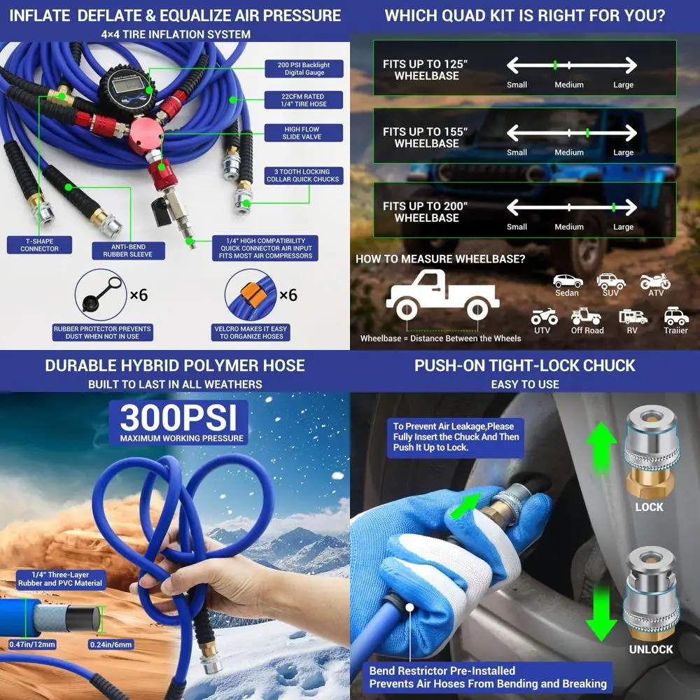 

4-сторонний насос для накачивания шин с высоким расходом для транспортных средств с колесной базой до 155, универсальный комплект вверх/вниз для грузовиков, автомобилей, мотоциклов и выключения