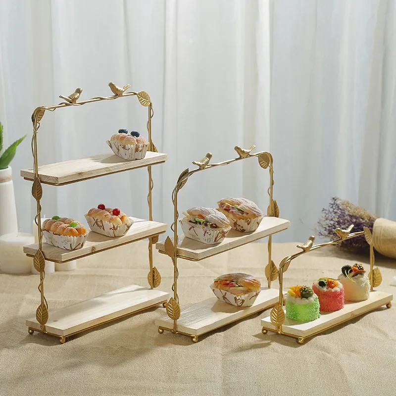 

Dessert Table Display Stand Desktop Props Decoration Household Wooden Nordic Style Wedding Iron Cake Wooden Tray Double Layer1Pc