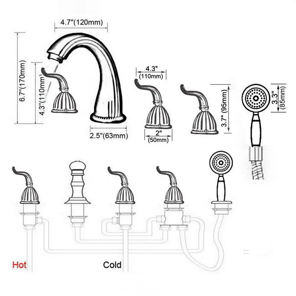 Antique Brass Roman Bathtub Mixer Faucet Set with Handheld Shower Deck Mounted 5 Holes Hot and Cold Taps ttf243