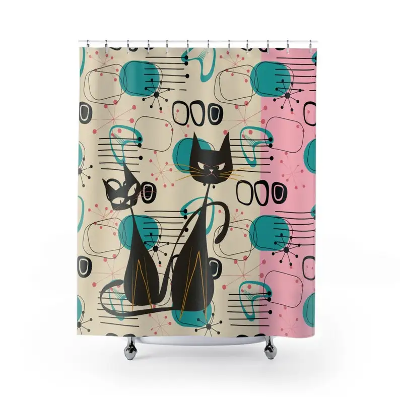 Mid Century Modern Atomic Cat Shower Curtain, Retro Boomerang Starbursts Pink, Turquoise, and Black Bath Decor